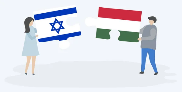 Couple Holding Two Puzzles Pieces Israeli Hungarian Flags Israel Hungary — Stock Vector
