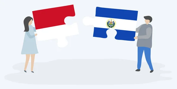 Couple Tenant Deux Pièces Puzzles Avec Des Drapeaux Indonésiens Salvadoriens — Image vectorielle