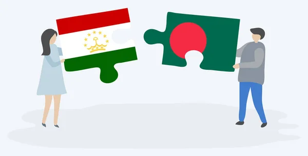 Пара Держащая Две Головоломки Таджикскими Бангладешскими Флагами Таджикистан Бангладеш Вместе — стоковый вектор