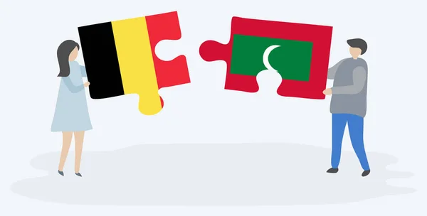 Paar Houden Twee Puzzels Stukken Met Belgische Maldivische Vlaggen België — Stockvector