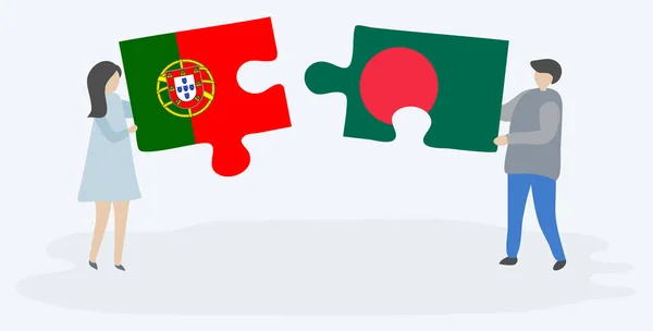 Couple Holding Two Puzzles Pieces Portuguese Bangladeshi Flags Portugal Bangladesh — Stock Vector