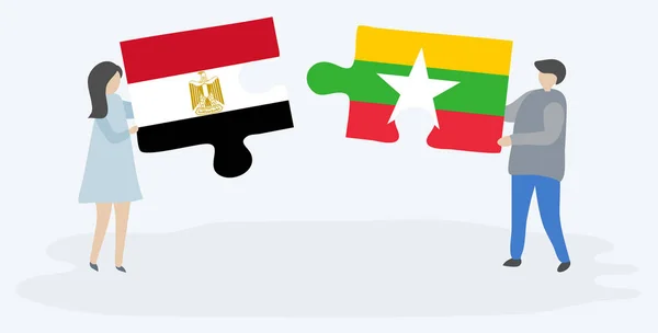 Couple Tenant Deux Pièces Puzzles Avec Des Drapeaux Égyptiens Birmans — Image vectorielle