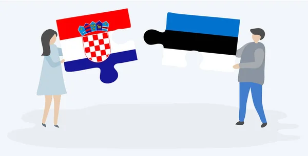 Ζευγάρι Που Κρατά Δύο Κομμάτια Παζλ Κροατικές Και Εσθονικές Σημαίες — Διανυσματικό Αρχείο