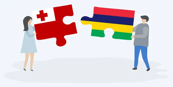 Couple Holding Two Puzzles Pieces Tongan Mauritian Flags Tonga Mauritius — Stock Vector