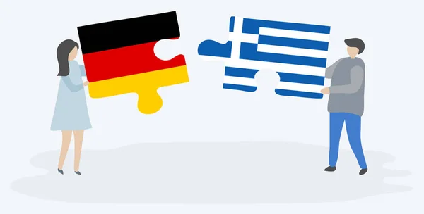 Paar Mit Zwei Puzzleteilen Mit Deutscher Und Griechischer Flagge Deutschland — Stockvektor