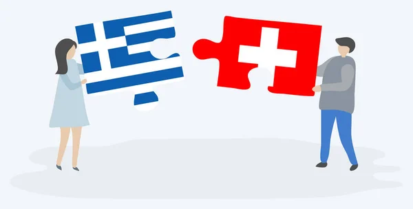 Casal Segurando Duas Peças Quebra Cabeças Com Bandeiras Gregas Suíças — Vetor de Stock