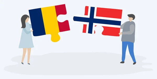 Par Som Innehar Två Pusselbitar Med Chadian Och Norska Flaggor — Stock vektor