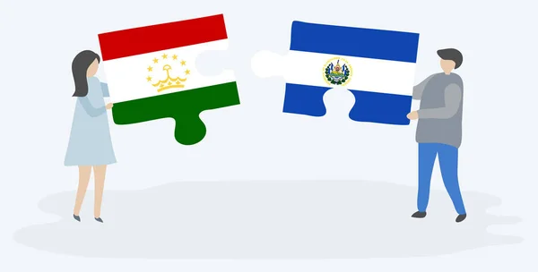 Couple Tenant Deux Pièces Puzzles Avec Des Drapeaux Tadjiks Salvadoriens — Image vectorielle