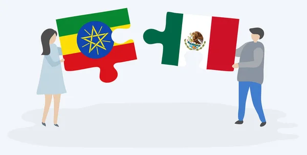 Couple Tenant Deux Pièces Puzzles Avec Des Drapeaux Éthiopiens Mexicains — Image vectorielle