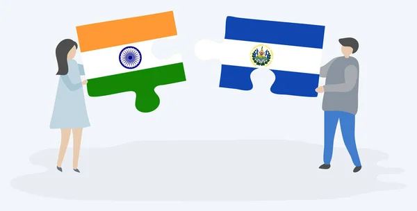 Couple Tenant Deux Pièces Puzzles Avec Des Drapeaux Indiens Salvadoriens — Image vectorielle