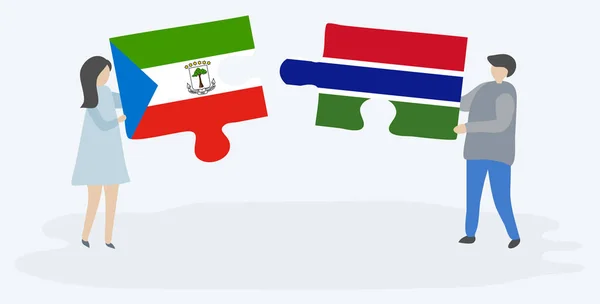 Paar Houden Twee Puzzels Stukken Met Equatoriale Guinean Gambian Vlaggen — Stockvector