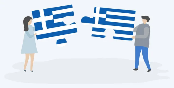 Casal Segurando Dois Quebra Cabeças Peças Com Bandeiras Gregas Gregas —  Vetores de Stock