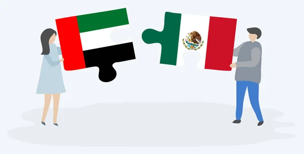 Pareja Sosteniendo Dos Piezas Rompecabezas Con Banderas Emirian Mexican Emiratos — Vector de stock