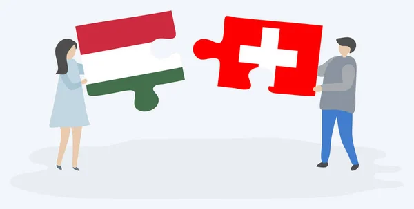 Pareja Sosteniendo Dos Piezas Rompecabezas Con Banderas Húngaras Suizas Hungría — Archivo Imágenes Vectoriales
