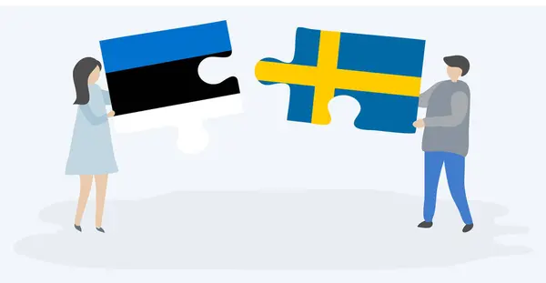 エストニアとスウェーデンの旗を持つ2つのパズルのピースを保持しているカップル エストニアとスウェーデンのシンボル — ストックベクタ