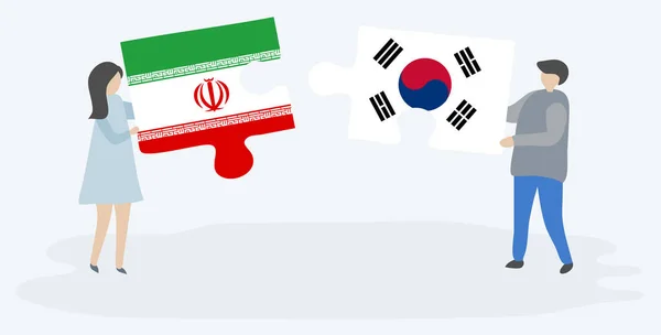 Paar Houden Twee Puzzels Stukken Met Iraanse Zuid Koreaanse Vlaggen — Stockvector