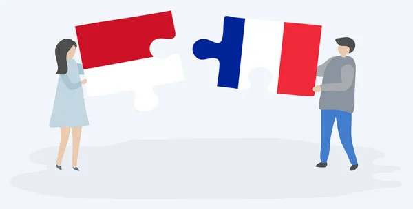 Endonezya Fransız Bayrakları Ile Iki Bulmaca Parçaları Tutan Çift Endonezya — Stok Vektör