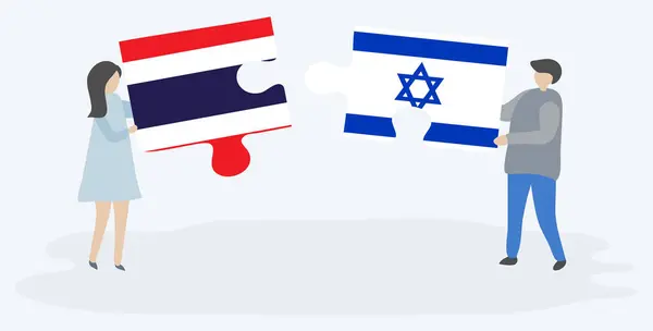 Paar Houden Twee Puzzels Stukken Met Thaise Israëlische Vlaggen Thailand — Stockvector