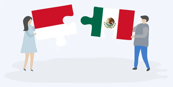 Para Trzyma Dwa Kawałki Puzzli Indonezyjskich Meksykański Flagi Symbole Narodowe — Wektor stockowy
