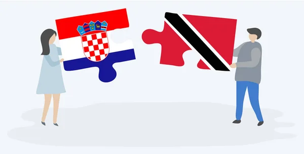 Couple Holding Two Puzzles Pieces Croatian Trinidadian Flags Croatia Trinidad — Stock Vector