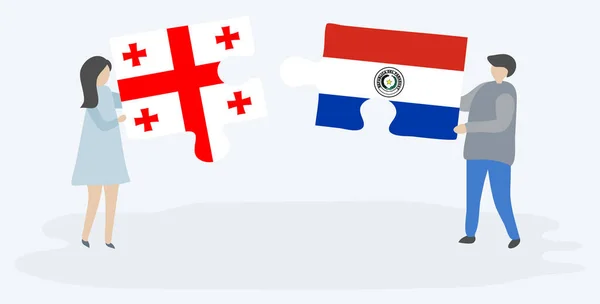 Couple Holding Two Puzzles Pieces Georgian Paraguayan Flags Georgia Paraguay — Stock Vector