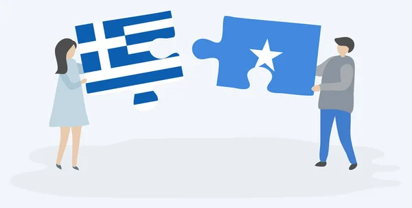 ギリシャとソマリアの旗を持つ2つのパズルのピースを保持しているカップル ギリシャとソマリアの国のシンボル — ストックベクタ