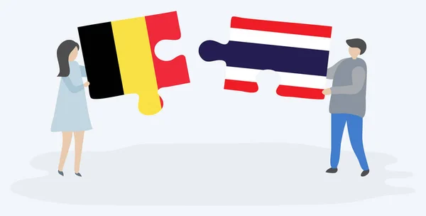 Casal Segurando Dois Quebra Cabeças Peças Com Bandeiras Belgas Tailandesas — Vetor de Stock