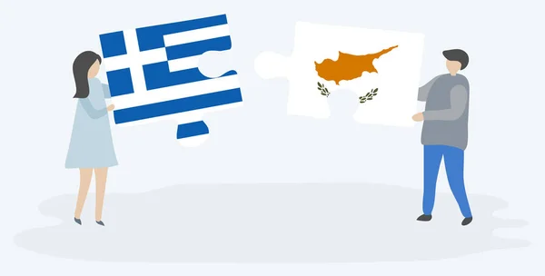 夫妇拿着两个拼图片与希腊和塞浦路斯国旗 希腊和塞浦路斯国家符号在一起 — 图库矢量图片