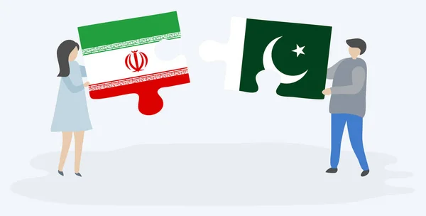 Dvojice Drží Dvě Skládanky Íránskými Pákistánskými Vlajkami Íránské Pákistánské Národní Stock Ilustrace