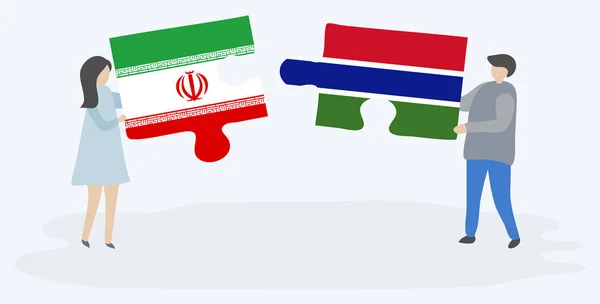 Dvojice Drží Dvě Skládanky Íránskými Gambijskými Vlajkami Národní Symboly Íránu Stock Ilustrace