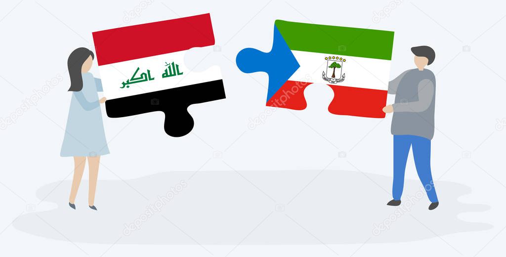 Couple holding two puzzles pieces with Iraqi and Equatorial Guinean flags. Iraq and Equatorial Guinea national symbols together.