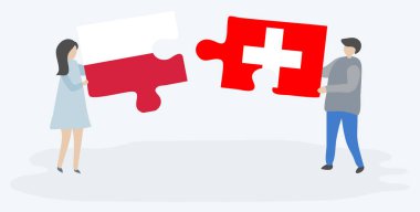 Çift Polonya ve İsviçre bayrakları ile iki bulmaca parçaları tutan. Polonya ve İsviçre ulusal sembolleri birlikte.