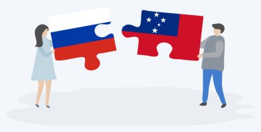 Rus ve Samoa bayrakları ile iki bulmaca parçaları tutan çift. Rusya ve Samoa ulusal sembolleri birlikte.