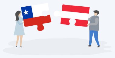 Şili ve Avusturya bayrakları ile iki bulmaca parçaları tutan çift. Şili ve Avusturya ulusal sembolleri birlikte.