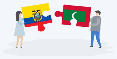 Ekvador ve Maldiv bayrakları ile iki bulmaca parçaları tutan çift. Ekvador ve Maldivler ulusal semboller birlikte.