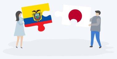 Ekvador ve Japon bayrakları ile iki bulmaca parçaları tutan çift. Ekvador ve Japonya ulusal sembolleri birlikte.