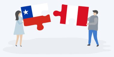 Şili ve Perulu bayrakları ile iki bulmaca parçaları tutan çift. Şili ve Peru ulusal sembolleri birlikte.