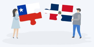 Şili ve Dominik bayrakları ile iki bulmaca parçaları tutan çift. Şili ve Dominik Cumhuriyeti ulusal sembolleri birlikte.