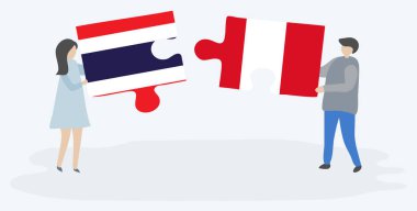 Tay ve Perulu bayrakları ile iki bulmaca parçaları tutan çift. Tayland ve Peru ulusal sembolleri birlikte.