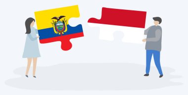 Ekvador ve Monegasque bayrakları ile iki bulmaca parçaları tutan çift. Ekvador ve Monako ulusal sembolleri birlikte.