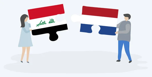 Paar Mit Zwei Puzzleteilen Mit Irakischen Und Holländischen Flaggen Irakische — Stockvektor