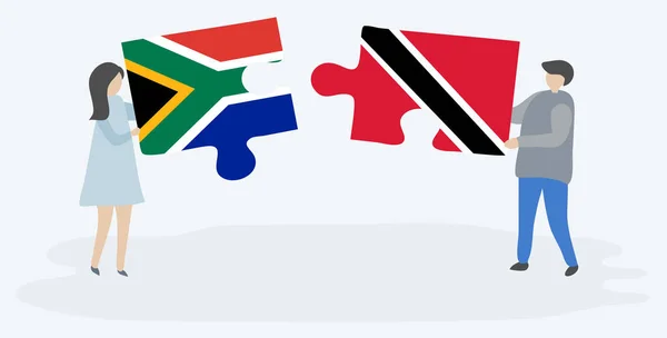Paar Houden Twee Puzzels Stukken Met Zuid Afrikaanse Trinidadian Vlaggen — Stockvector