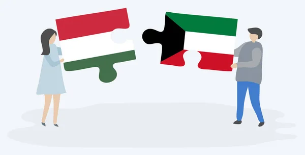 Paar Houden Twee Puzzels Stukken Met Hongaarse Koeweitse Vlaggen Hongarije — Stockvector