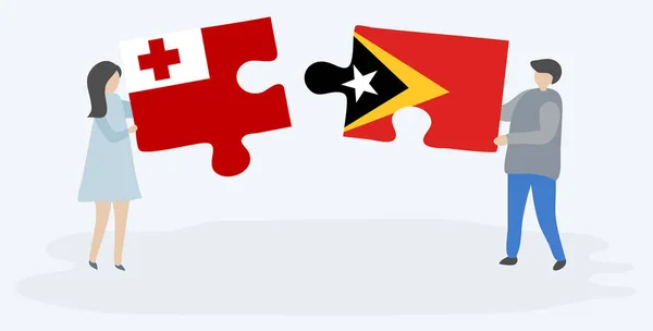 Çift Tongan Timorese Bayrakları Ile Iki Bulmaca Parçaları Tutan Tonga — Stok Vektör