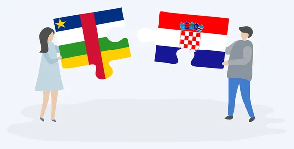 Pareja Sosteniendo Dos Piezas Rompecabezas Con Banderas África Central Croacia — Archivo Imágenes Vectoriales