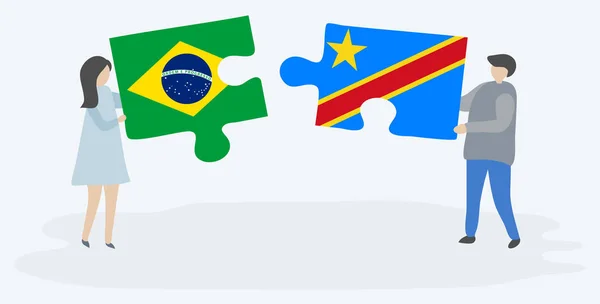 Couple Tenant Deux Pièces Puzzles Avec Des Drapeaux Brésiliens Congolais — Image vectorielle