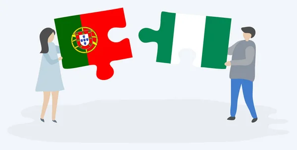 Paar Mit Zwei Puzzleteilen Mit Portugiesischen Und Nigerianischen Flaggen Nationale — Stockvektor