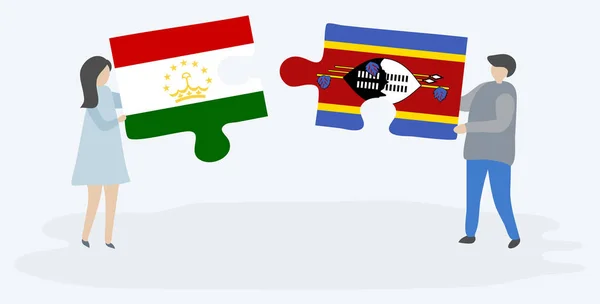 Casal Segurando Duas Peças Quebra Cabeças Com Bandeiras Tajiquistanesas Suazis —  Vetores de Stock