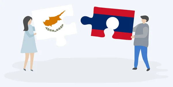 Dvojice Drží Dvě Skládanky Kyperskými Laoskými Vlajkami Kypr Laos Národní — Stockový vektor
