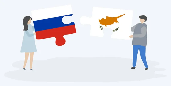 夫妇拿着两个拼图片与俄罗斯和塞浦路斯国旗 俄罗斯和塞浦路斯国家符号在一起 — 图库矢量图片